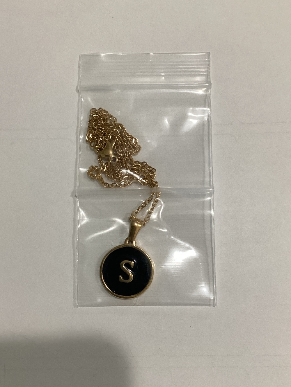 Gold Initial 'S' Pendant Necklace with Black Enamel